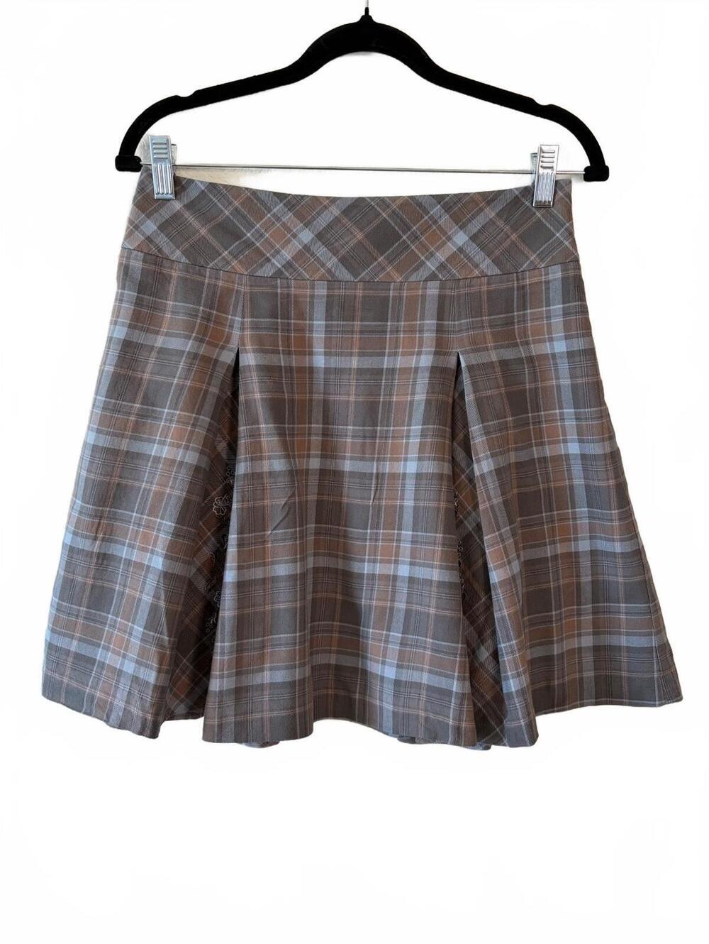 Intuitions Skirt Womens Size 2 Brown Gray Plaid A-Line Mini Embroidered